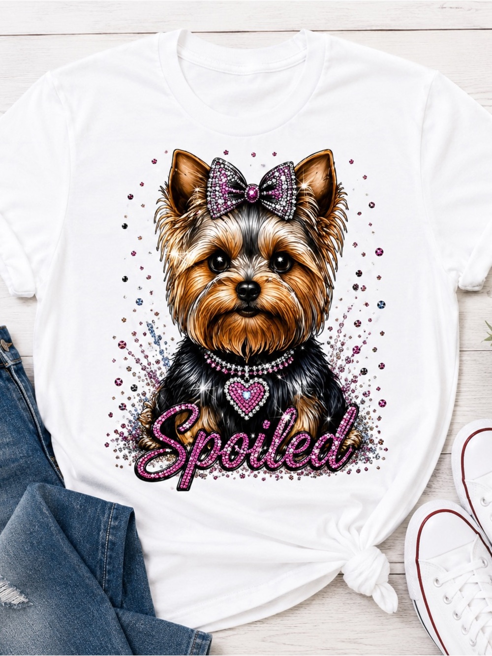 Yorkie Graphic Short Sleeve Tee spoil faux rhinestones S M L XL - Picture 5 of 11